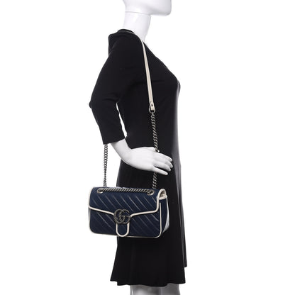 Gucci Vintage Effect Calfskin Matelasse Diagonal Small Torchon GG Marmont Shoulder Bag Blue Agata Mystic White 2 of 10