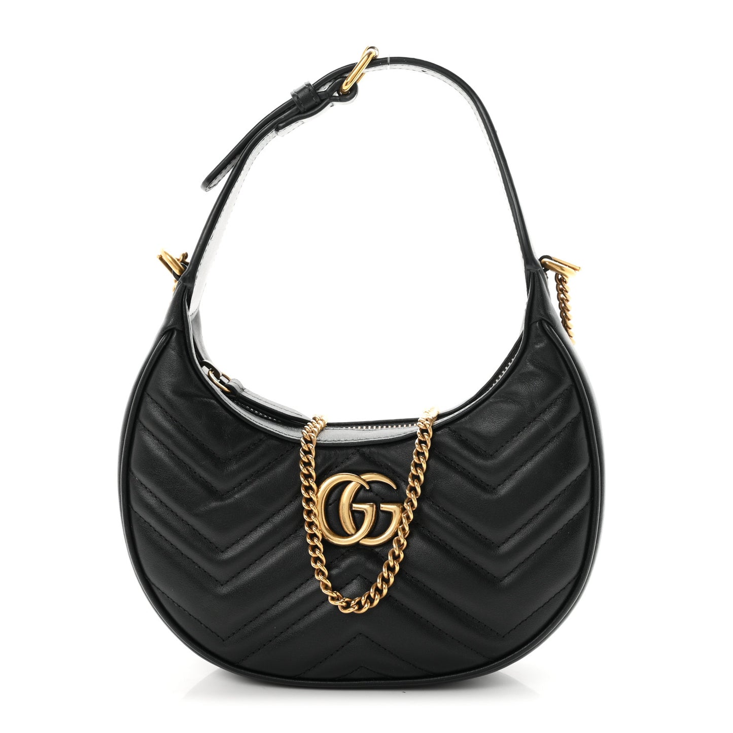 Calfskin Matelasse Chevron Mini GG Marmont Half Moon Hobo Black