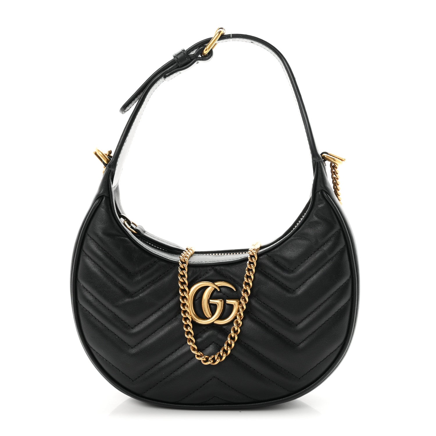 Gucci Calfskin Matelasse Chevron Mini GG Marmont Half Moon Hobo Black 1 of 12