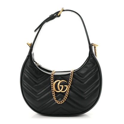 Gucci Calfskin Matelasse Chevron Mini GG Marmont Half Moon Hobo Black 1 of 12