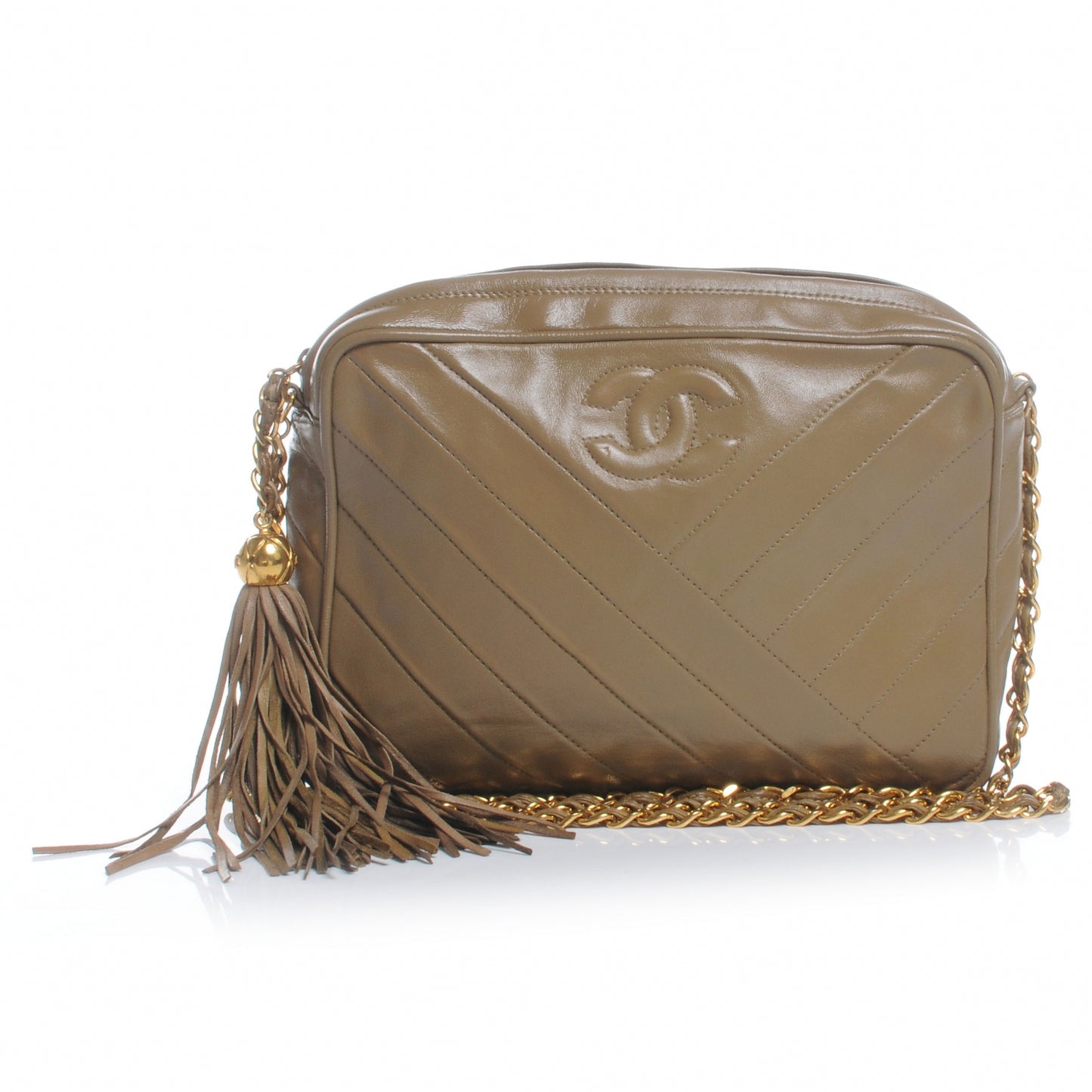 Lambskin Chevron Tassel Camera Case Taupe