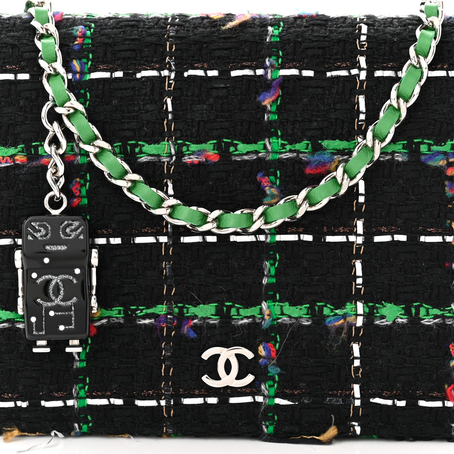 Chanel Tweed Fringe Wallet On Chain WOC Black Green 8 of 10