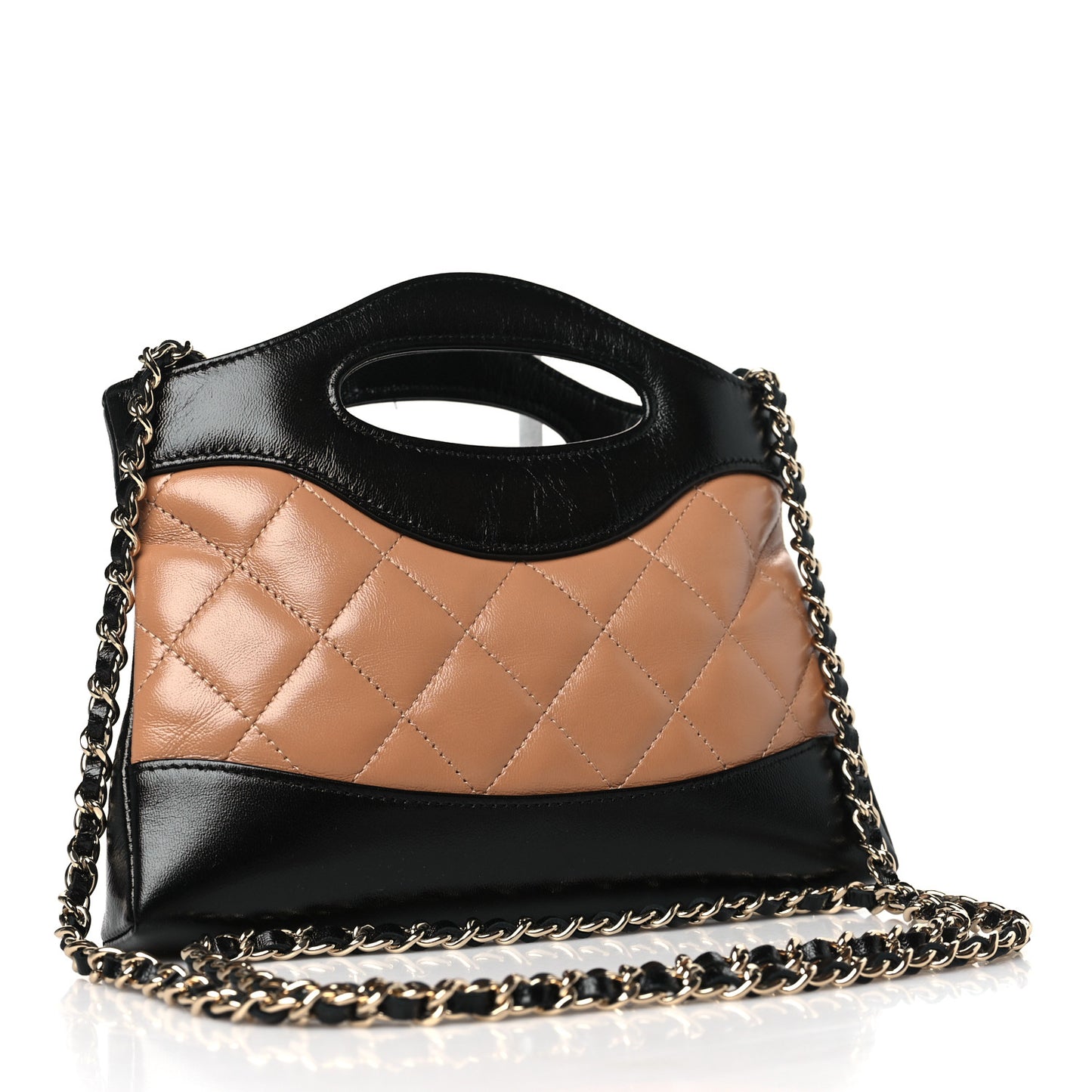 Shiny Crumpled Calfskin Quilted Nano 31 Shopping Bag Dark Beige Black