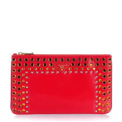 Prada Saffiano Vernice Crystal Studded Clutch Rosso 1 of 8