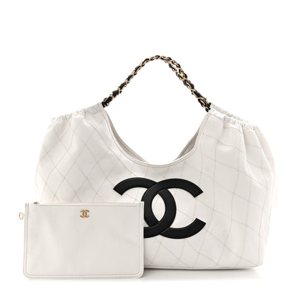 Chanel Denim Calfskin Quilted Coco Beach Small Shopping Tote White Black 3 of 11