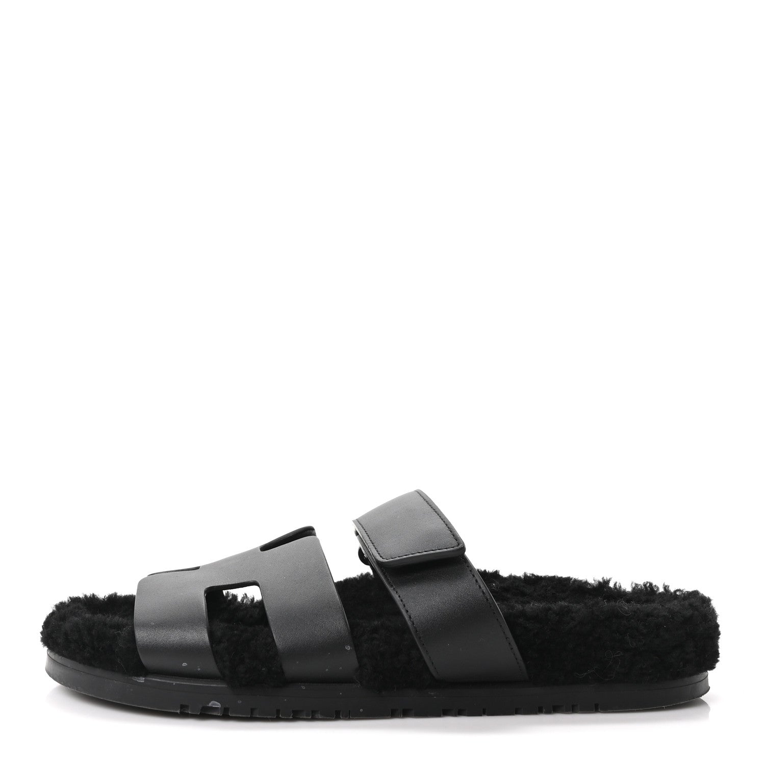 Hermes Calfskin Woolskin Womens Chypre Sandals 39 Black 1 of 10