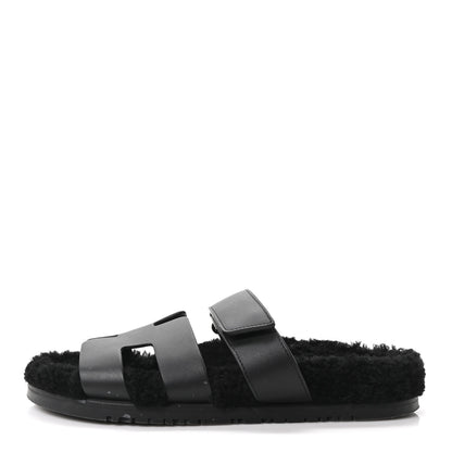 Hermes Calfskin Woolskin Womens Chypre Sandals 39 Black 1 of 10