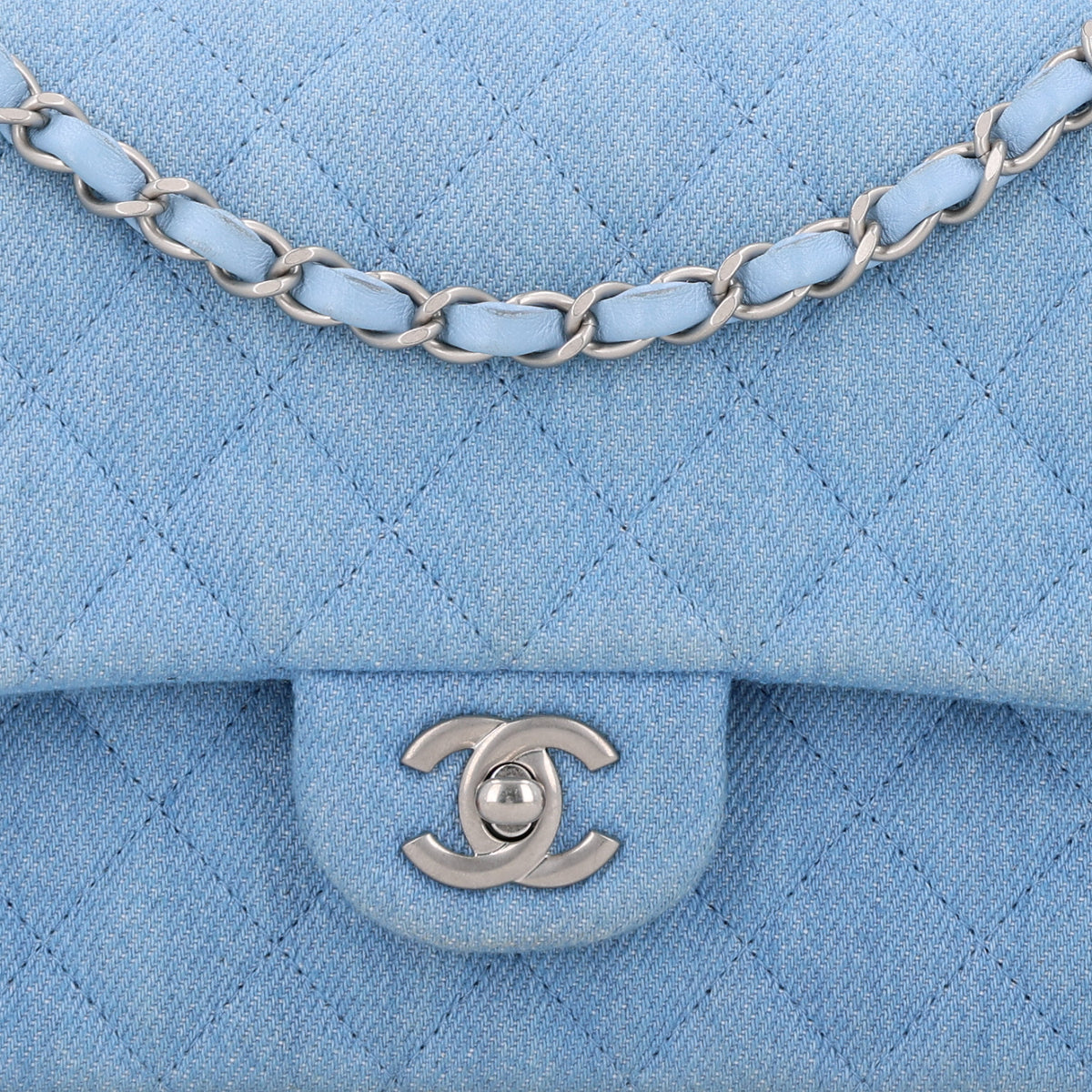 Denim Quilted Medium Double Flap Light Blue