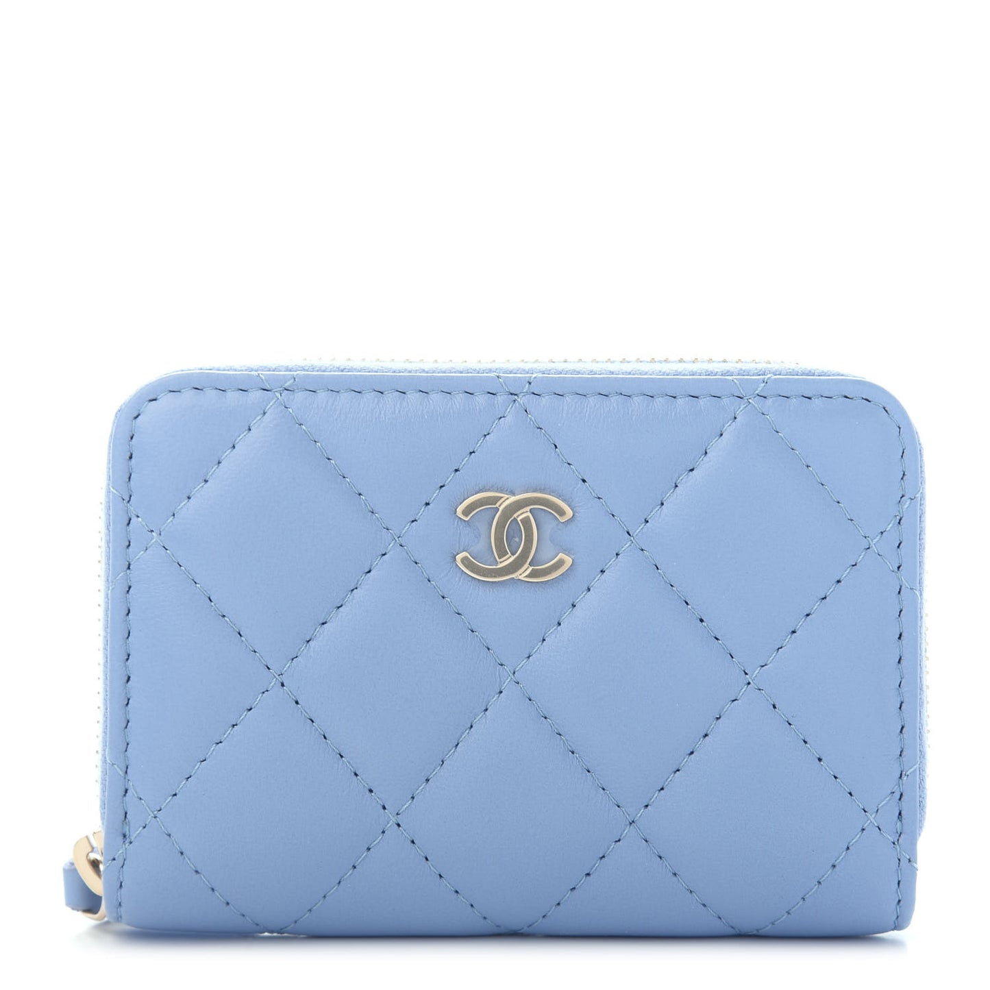 Lambskin Quilted Zip Around Coin Purse Wallet Light Blue