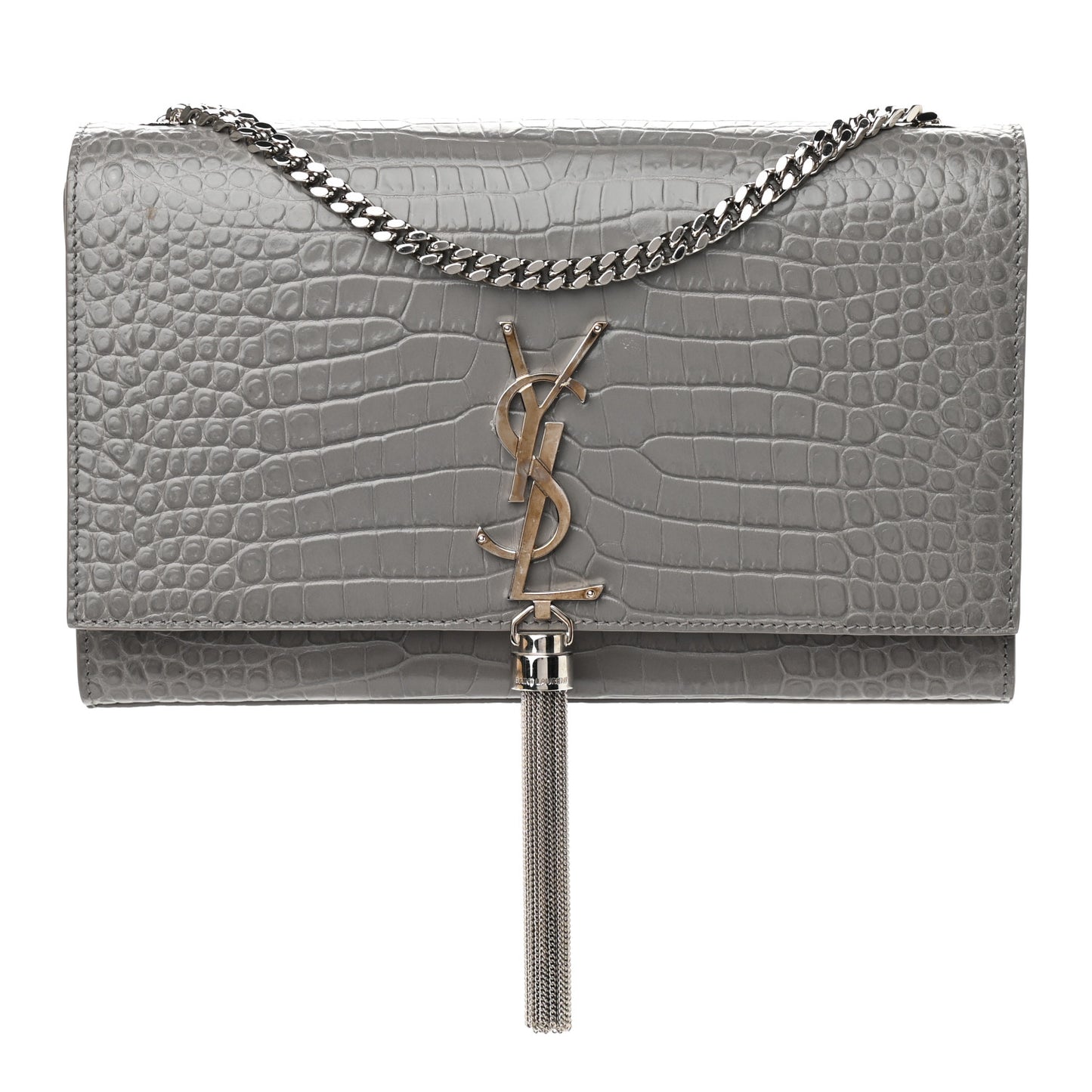 Calfskin Crocodile Embossed Medium Classic Monogram Kate Tassel Satchel Earth Grey