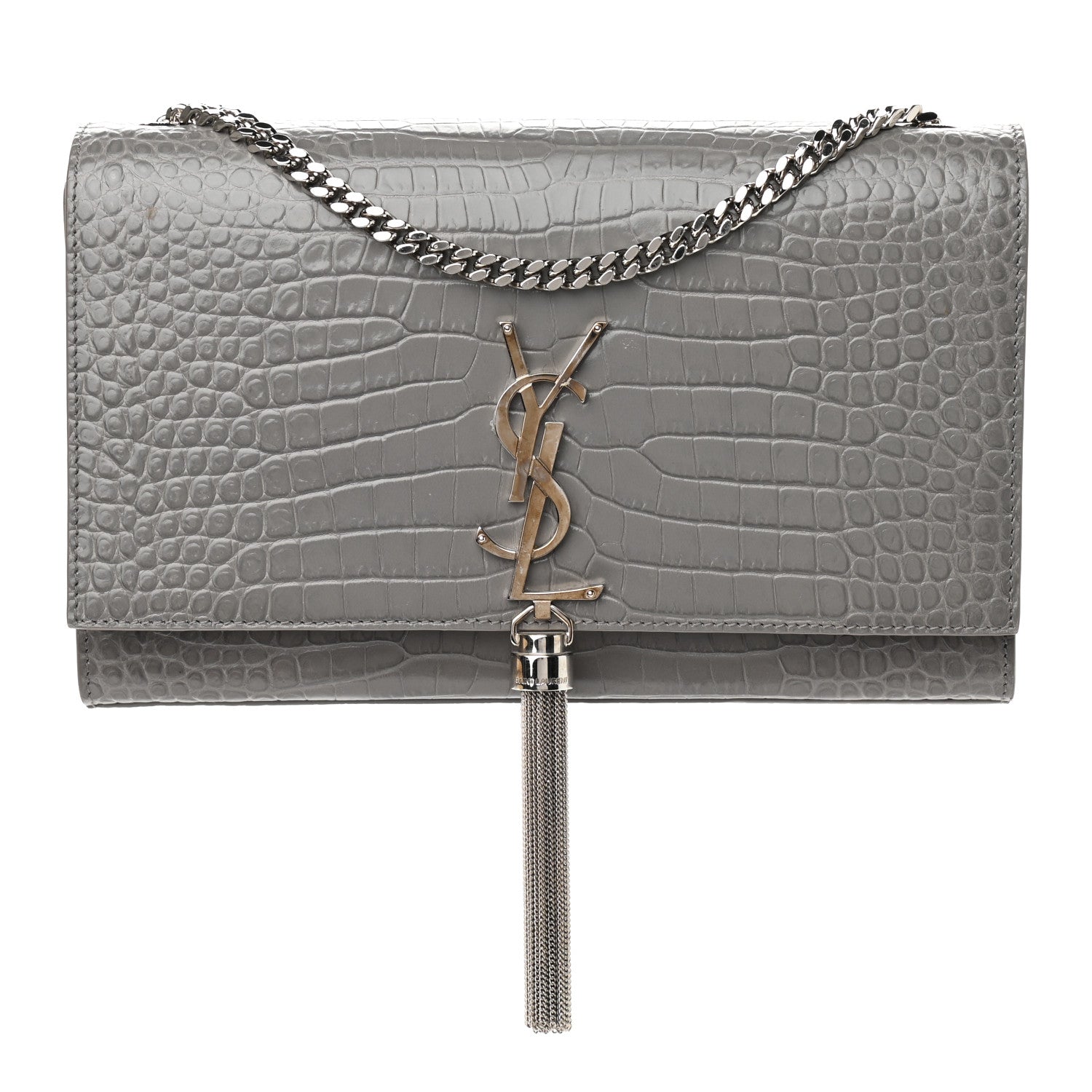 Saint Laurent Calfskin Crocodile Embossed Medium Classic Monogram Kate Tassel Satchel Earth Grey 1 of 9