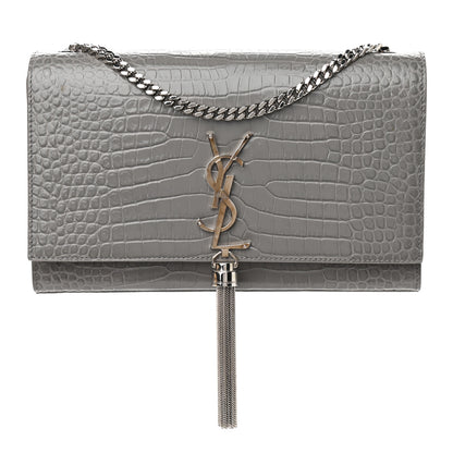 Saint Laurent Calfskin Crocodile Embossed Medium Classic Monogram Kate Tassel Satchel Earth Grey 1 of 9