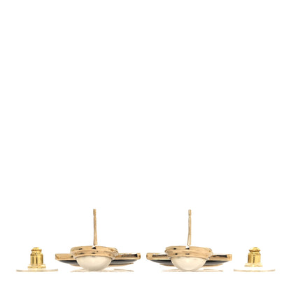 Chanel Metal Enamel Pearl Square CC Drop Earrings Gold Black White 3 of 6