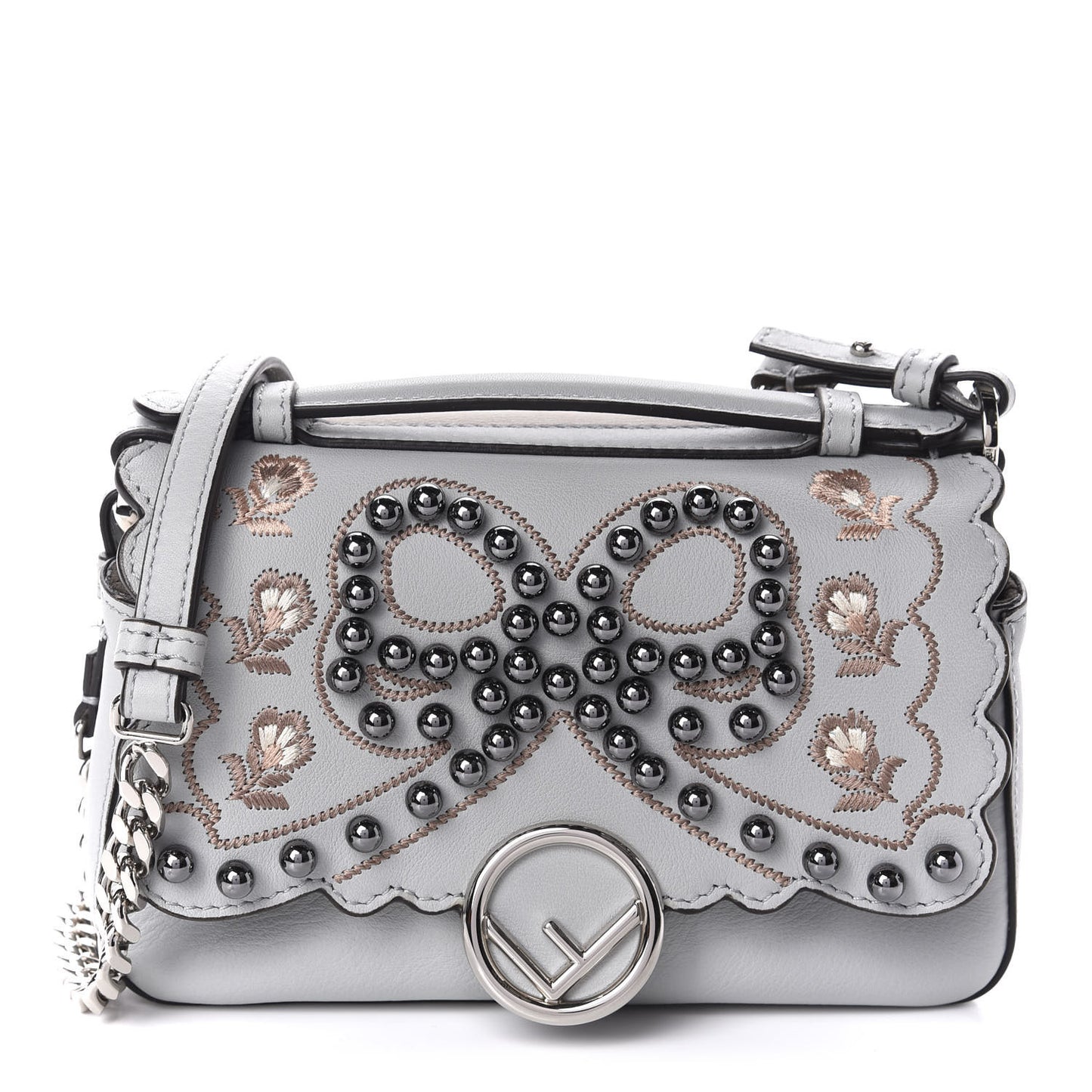 Vitello Dolce F is Flowers and Bows Scalloped Micro Double Baguette Grigio Perla Camelia
