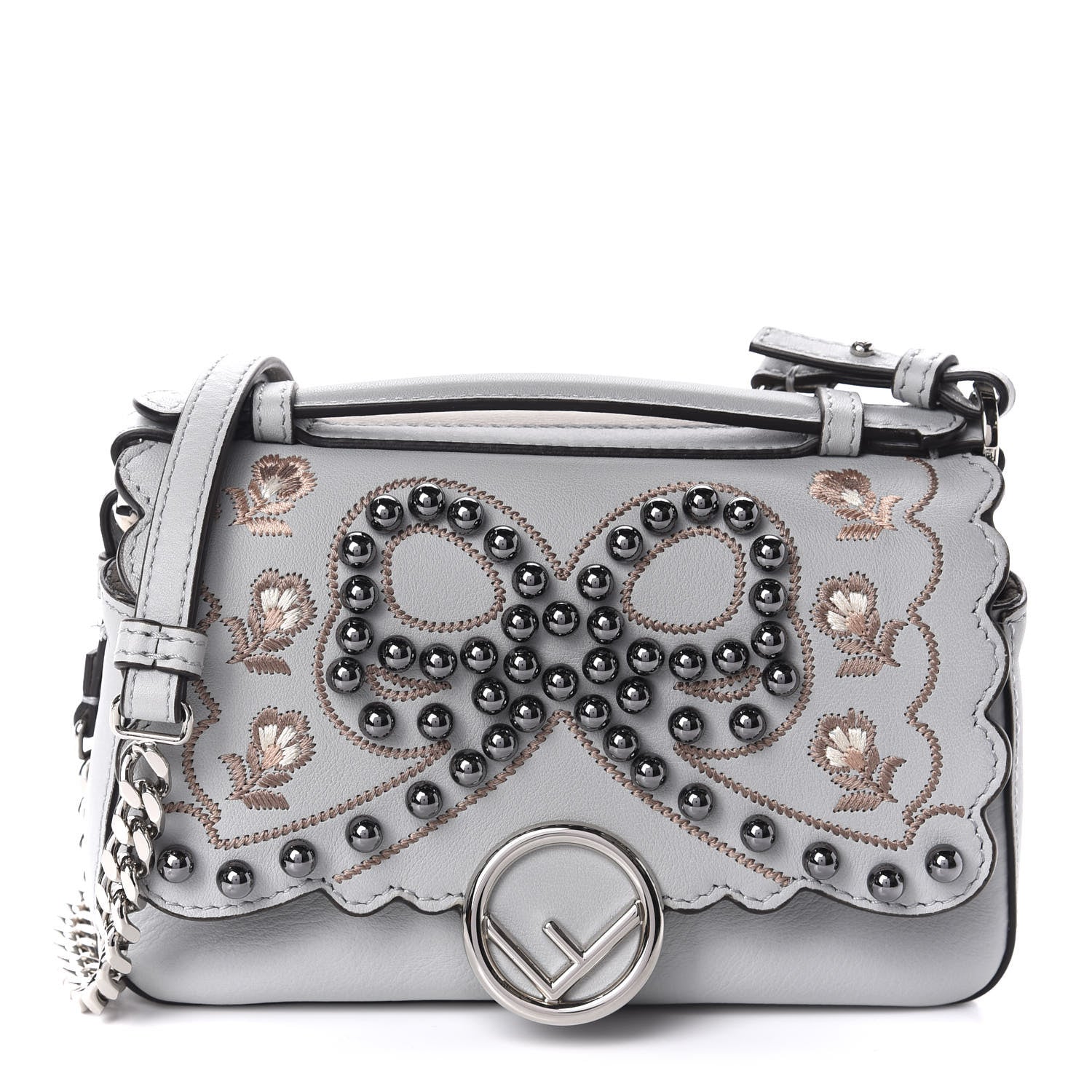 Fendi Vitello Dolce F is Flowers and Bows Scalloped Micro Double Baguette Grigio Perla Camelia 1 of 13