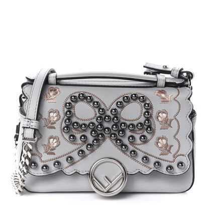 Fendi Vitello Dolce F is Flowers and Bows Scalloped Micro Double Baguette Grigio Perla Camelia 1 of 13