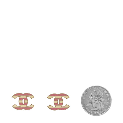Chanel Enamel Striped CC Earrings Pink White Gold 2 of 4