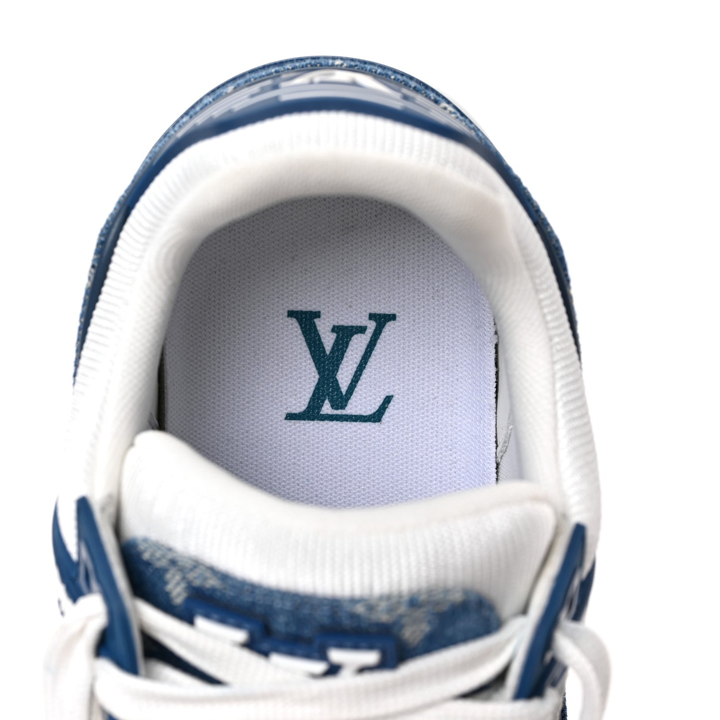 Calfskin Embossed Monogram Denim Womens LV Trainer Sneakers 36.5 Blue