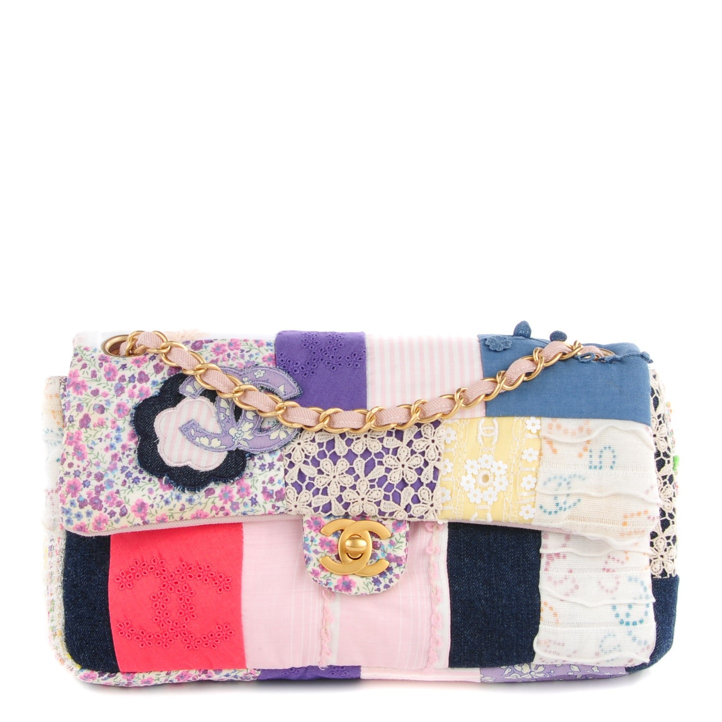 Fabric Patchwork Medium Flap Bag Pink