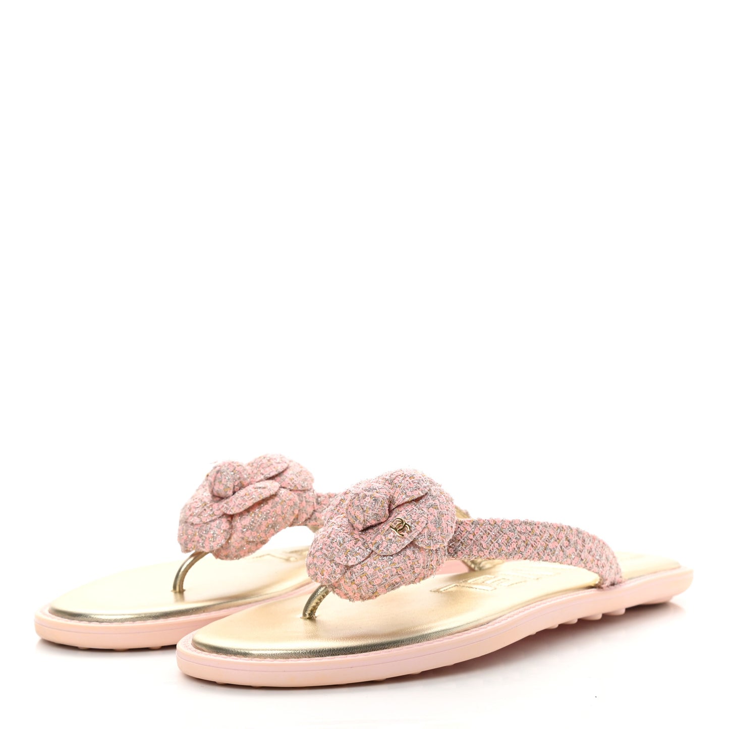 Tweed Quilted Camellia Thong Sandals 41 Salmon Apricot Gold