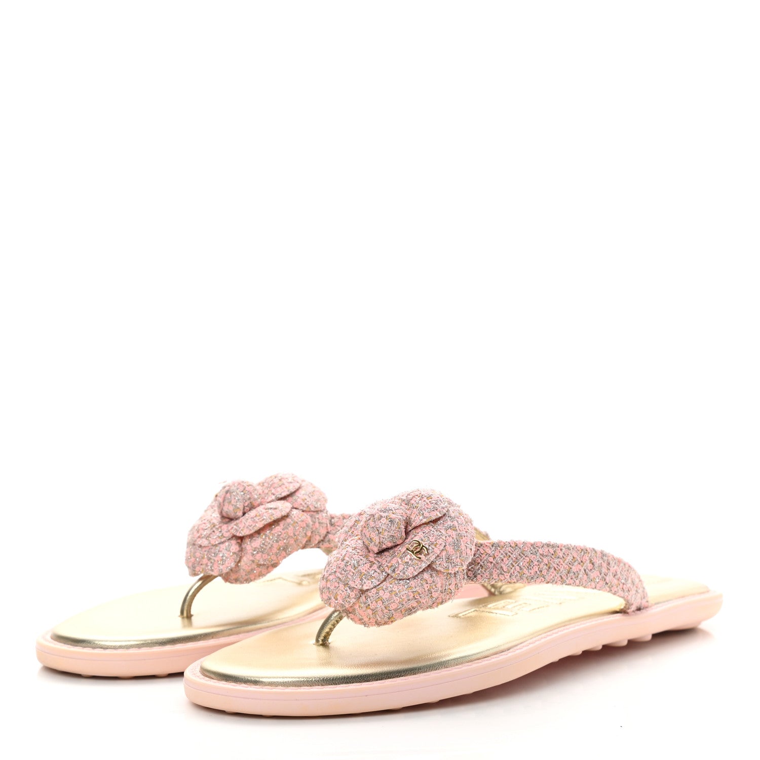 Chanel Tweed Quilted Camellia Thong Sandals 41 Salmon Apricot Gold 3 of 10