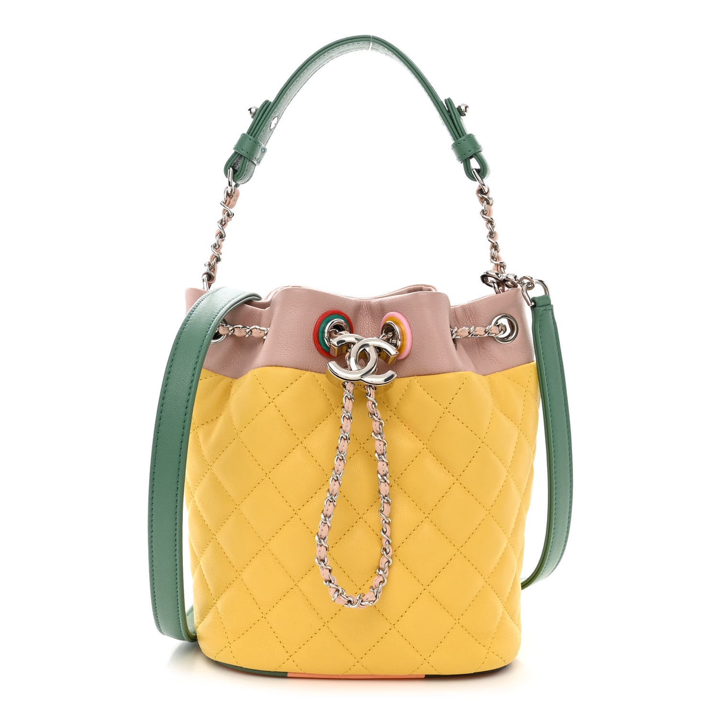 Lambskin Quilted Cuba Drawstring Tote Yellow Pink Green