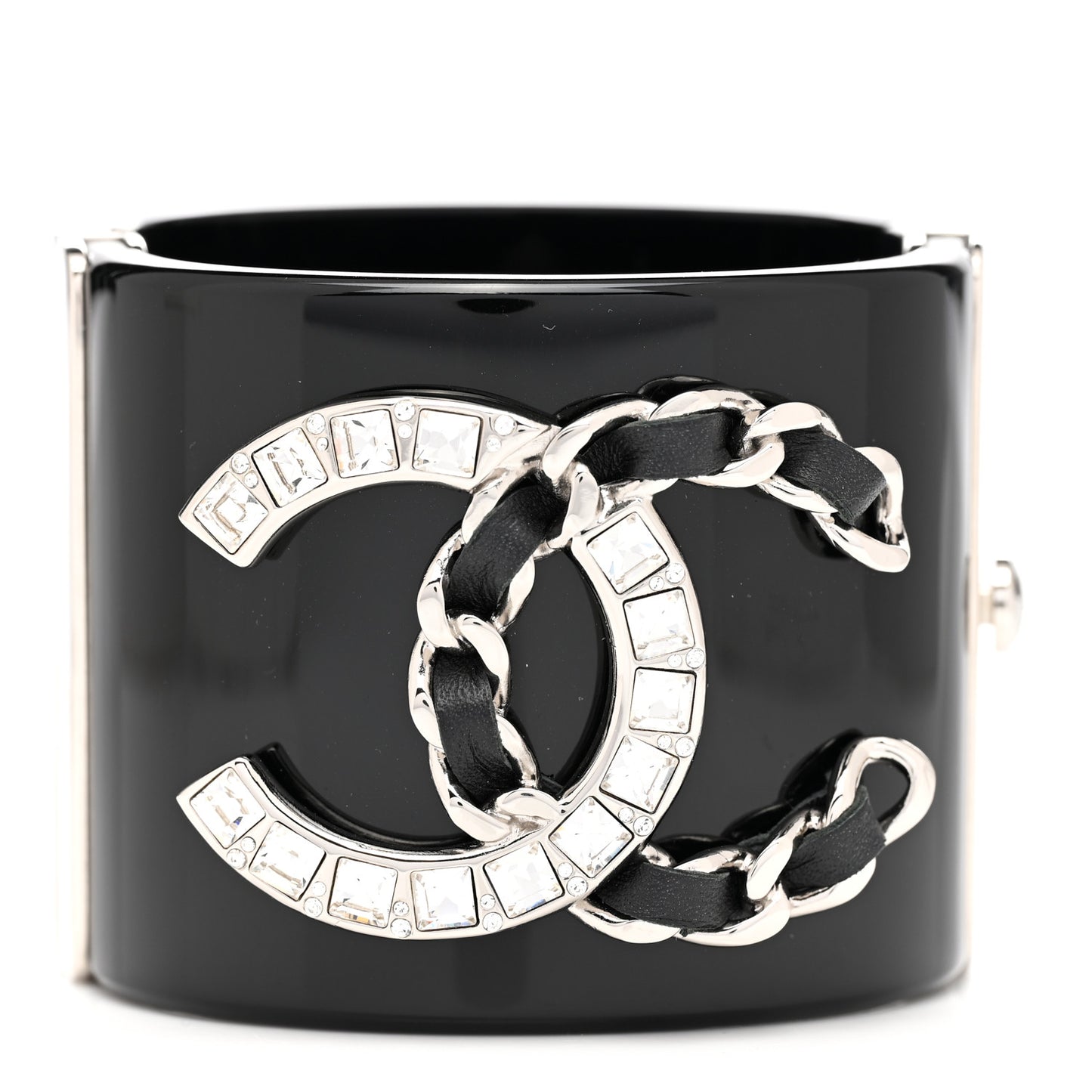 Resin Lambskin Baguette Crystal CC Chain Cuff Bracelet S Black