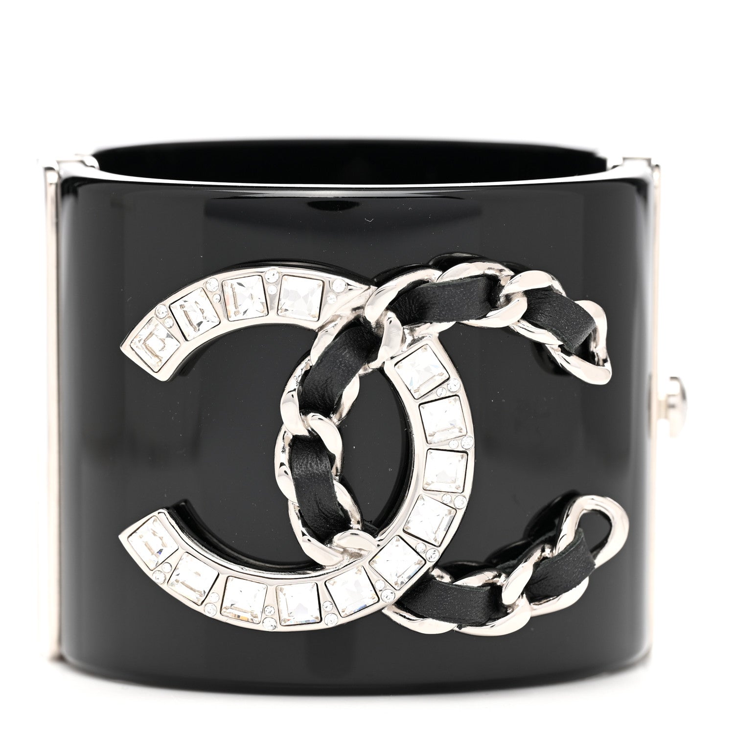 Chanel Resin Lambskin Baguette Crystal CC Chain Cuff Bracelet S Black 1 of 6