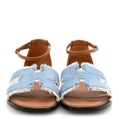 Hermes Denim Fringe Santorini Sandals 39 Bleu Clair Naturel 3 of 10