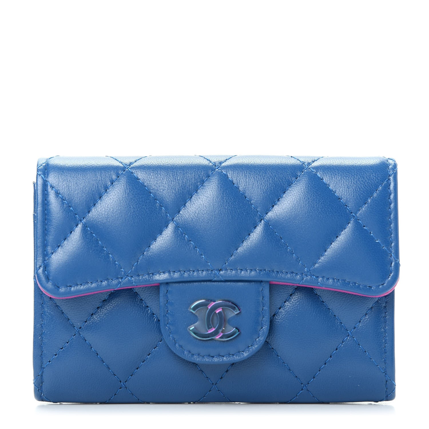 Chanel Lambskin Quilted Flap Card Holder Wallet Blue Pink 1 of 9