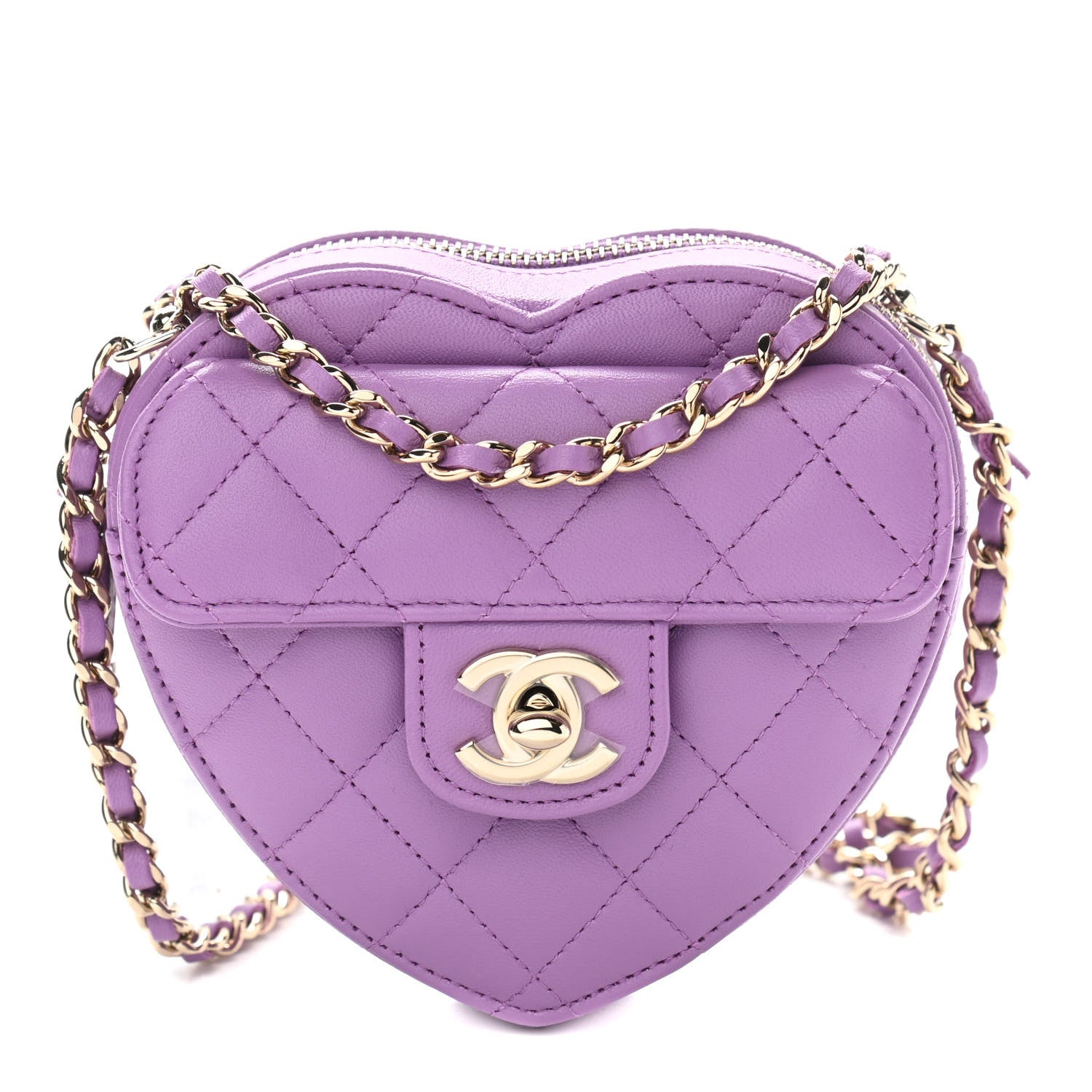 Chanel Lambskin Quilted CC In Love Heart Clutch With Chain Purple 1 of 10