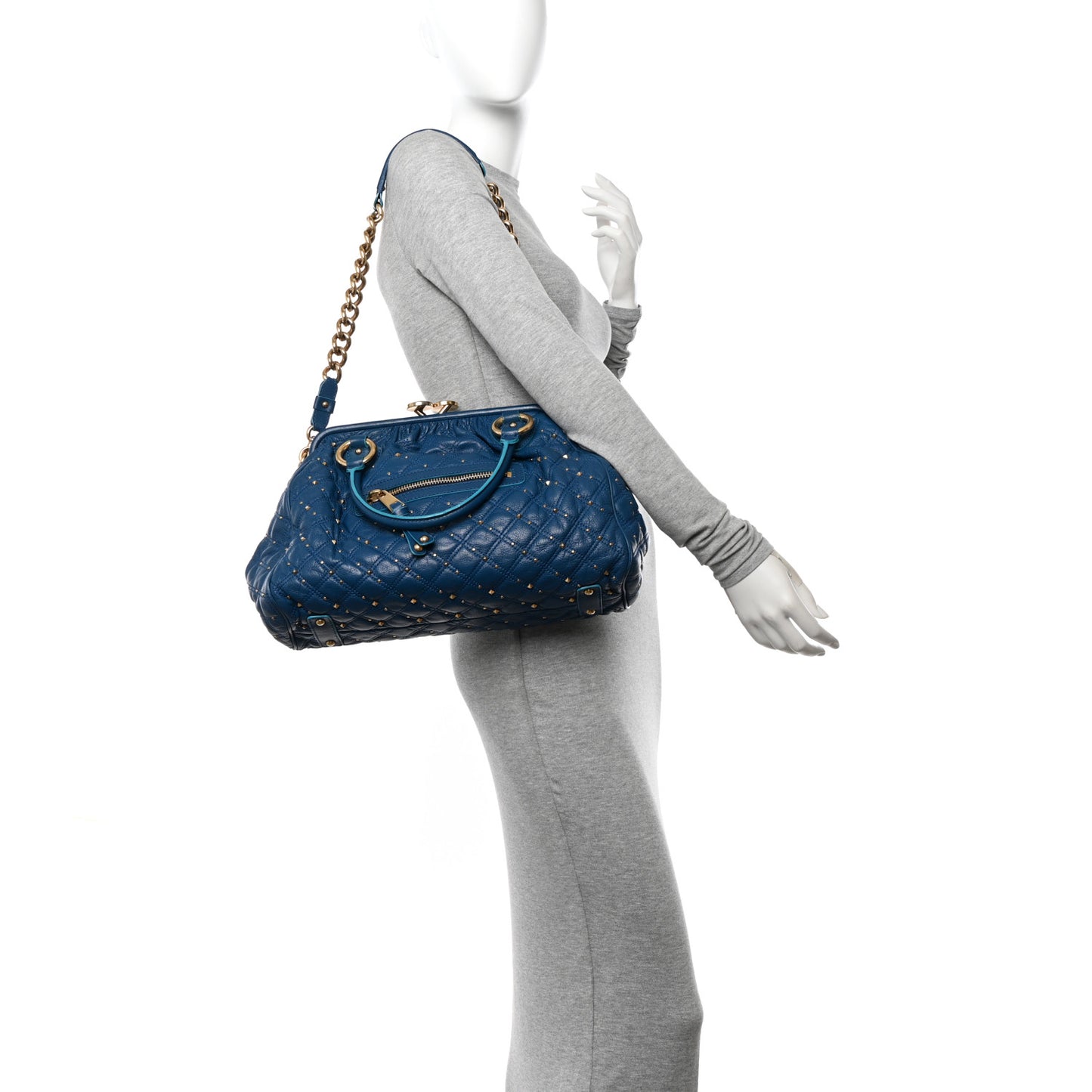 Calfskin Quilted Studded Stam Blue