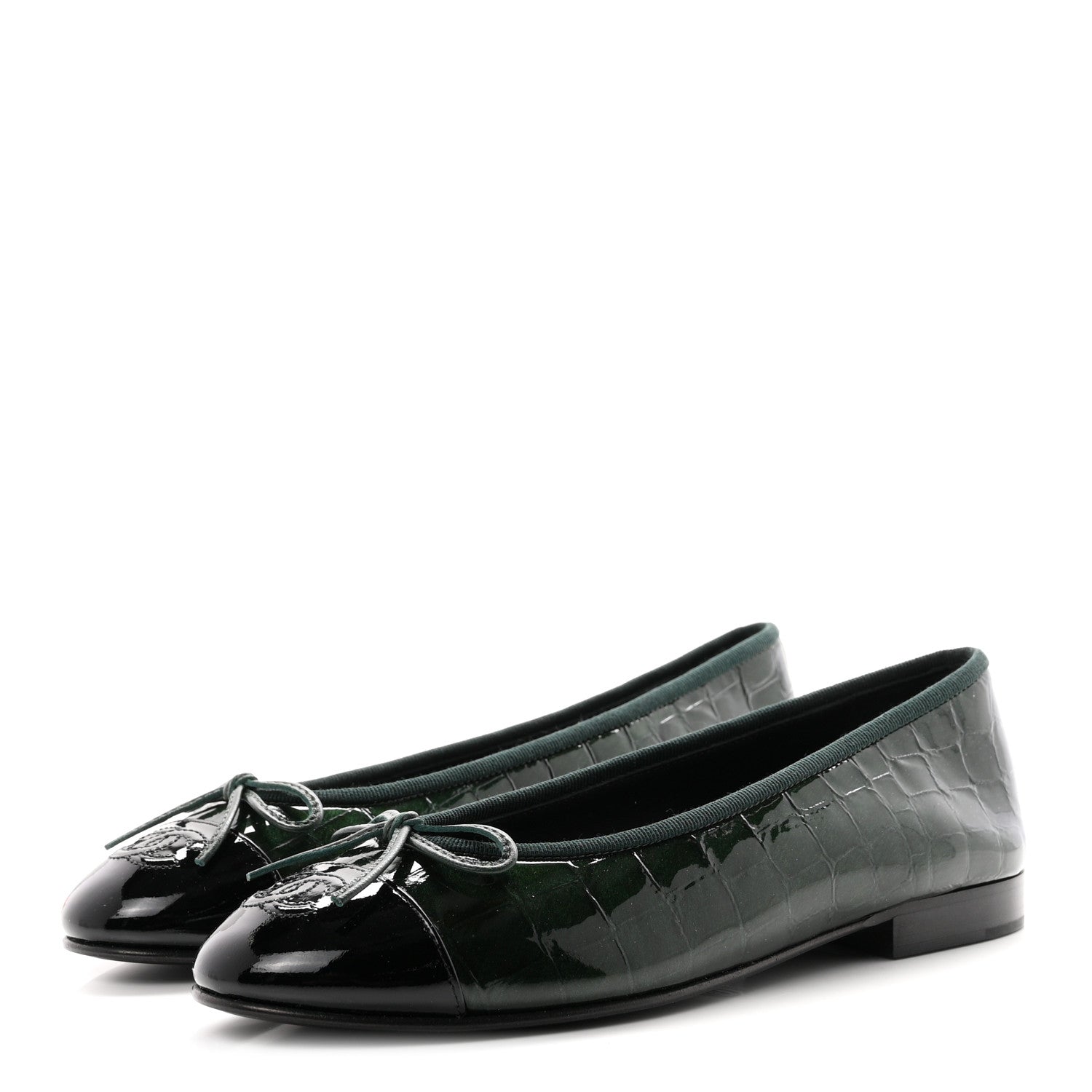 Chanel Patent Calfskin Crocodile Embossed Ballerina Flats 36.5 Dark Green Black 4 of 10