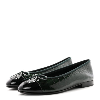 Chanel Patent Calfskin Crocodile Embossed Ballerina Flats 36.5 Dark Green Black 4 of 10