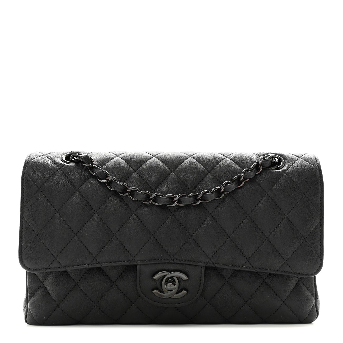 Crumpled Calfskin Quilted Medium Double Flap So Black