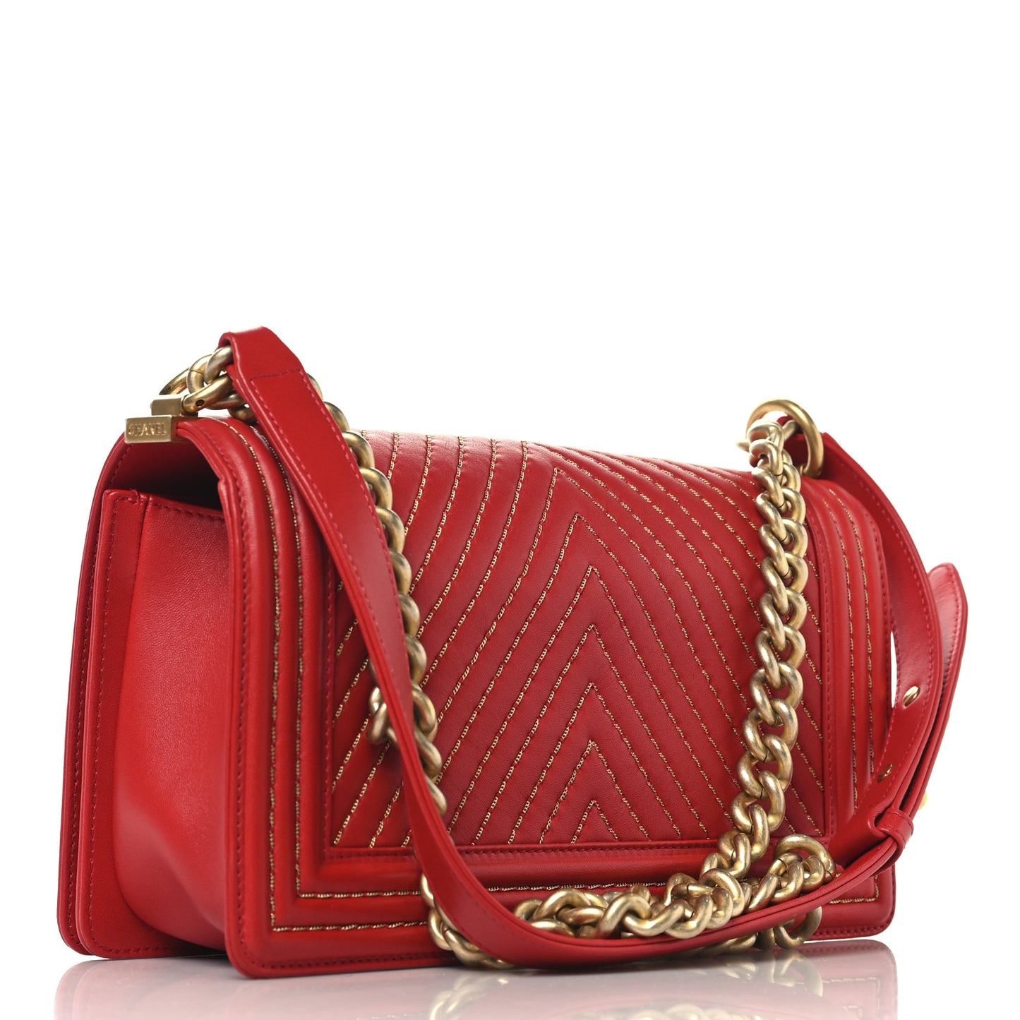 Lambskin Chevron Chain Stitched Medium Boy Flap Red