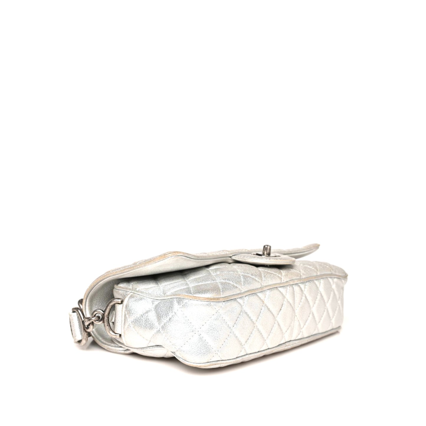 Metallic Grained Calfskin Quilted Small Casual Rock Flap Silver