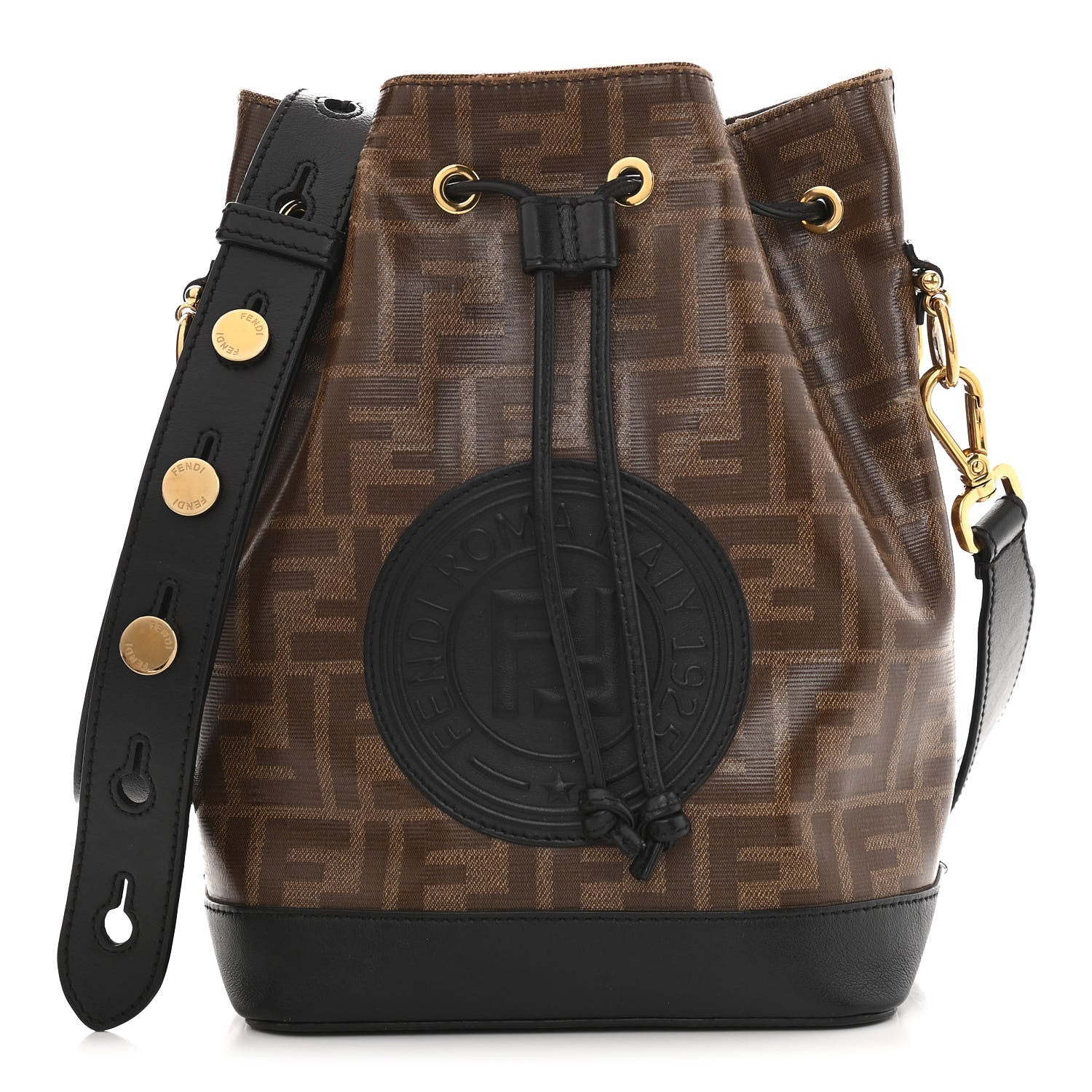 Fendi Glazed Fabric Vitello Grace F is Fendi FF 1974 Stamp Patch Grande Mon Tresor Bucket Bag Mogano Panna Black 1 of 11