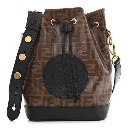 Fendi Glazed Fabric Vitello Grace F is Fendi FF 1974 Stamp Patch Grande Mon Tresor Bucket Bag Mogano Panna Black 1 of 11