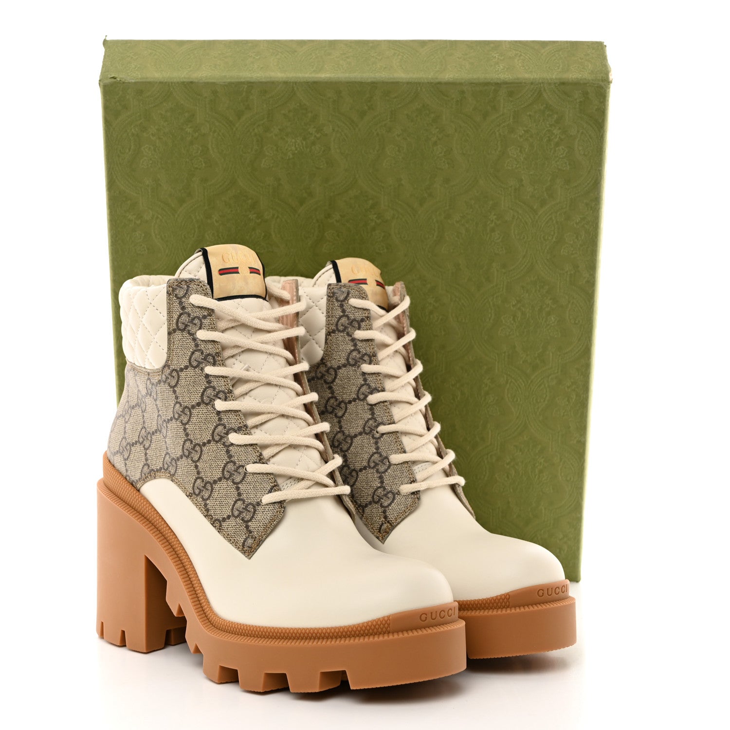 Gucci Calfskin GG Supreme Monogram Nappa Quilted Lace Up Ankle Boots 40.5 Mystic White Beige 9 of 9