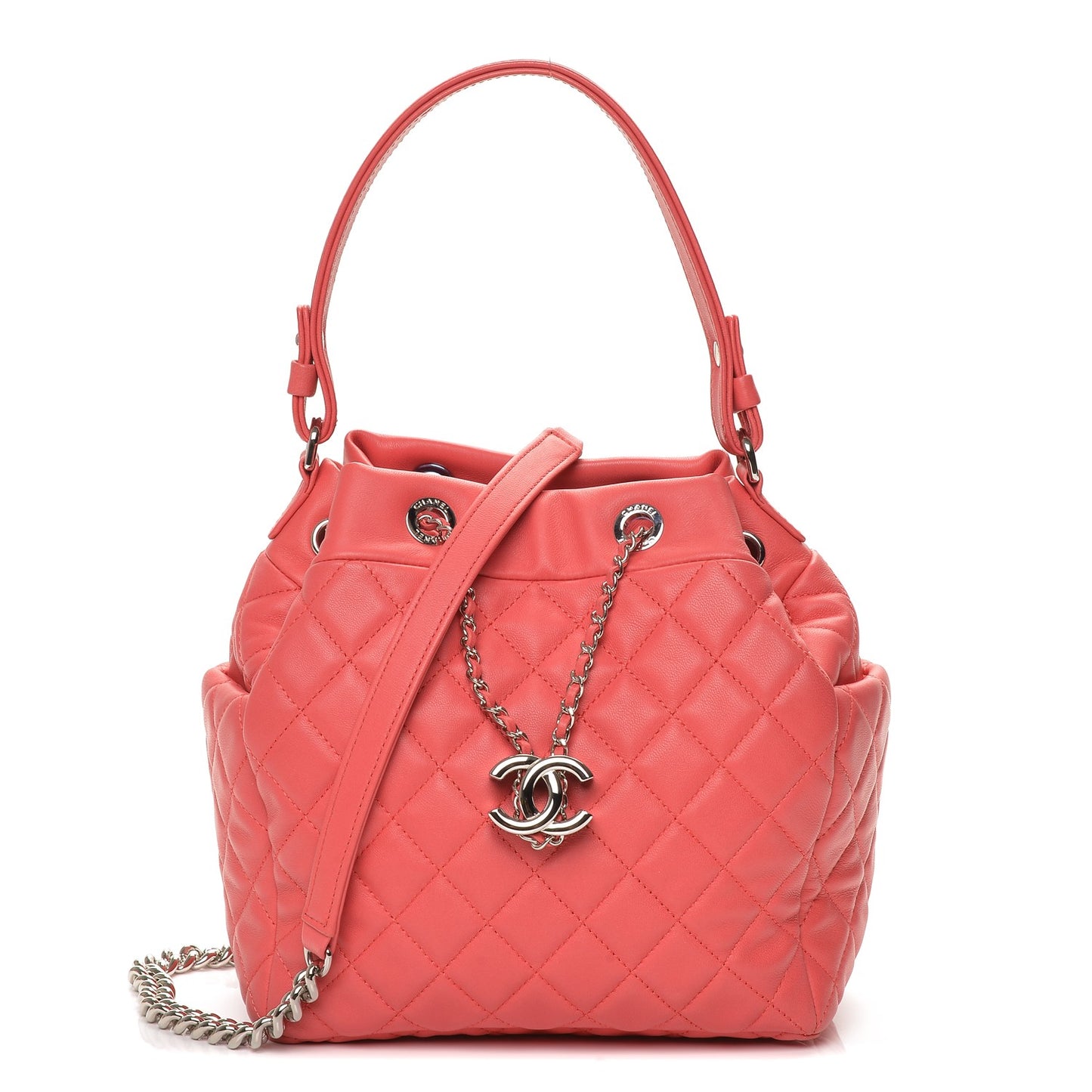 Lambskin Quilted Small Chain Bucket Bag Coral