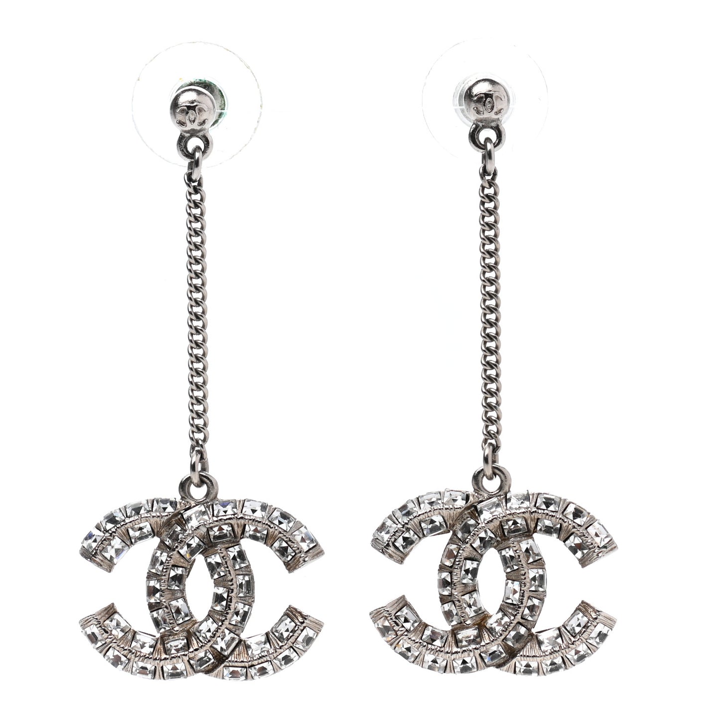Baguette Crystal CC Drop Earrings Silver