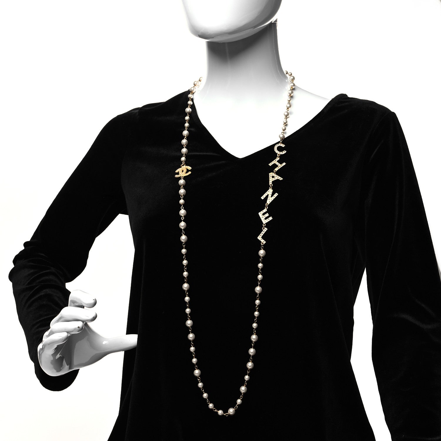 Chanel Metal Crystal Pearl 90's Icon Logo Necklace Gold 2 of 5