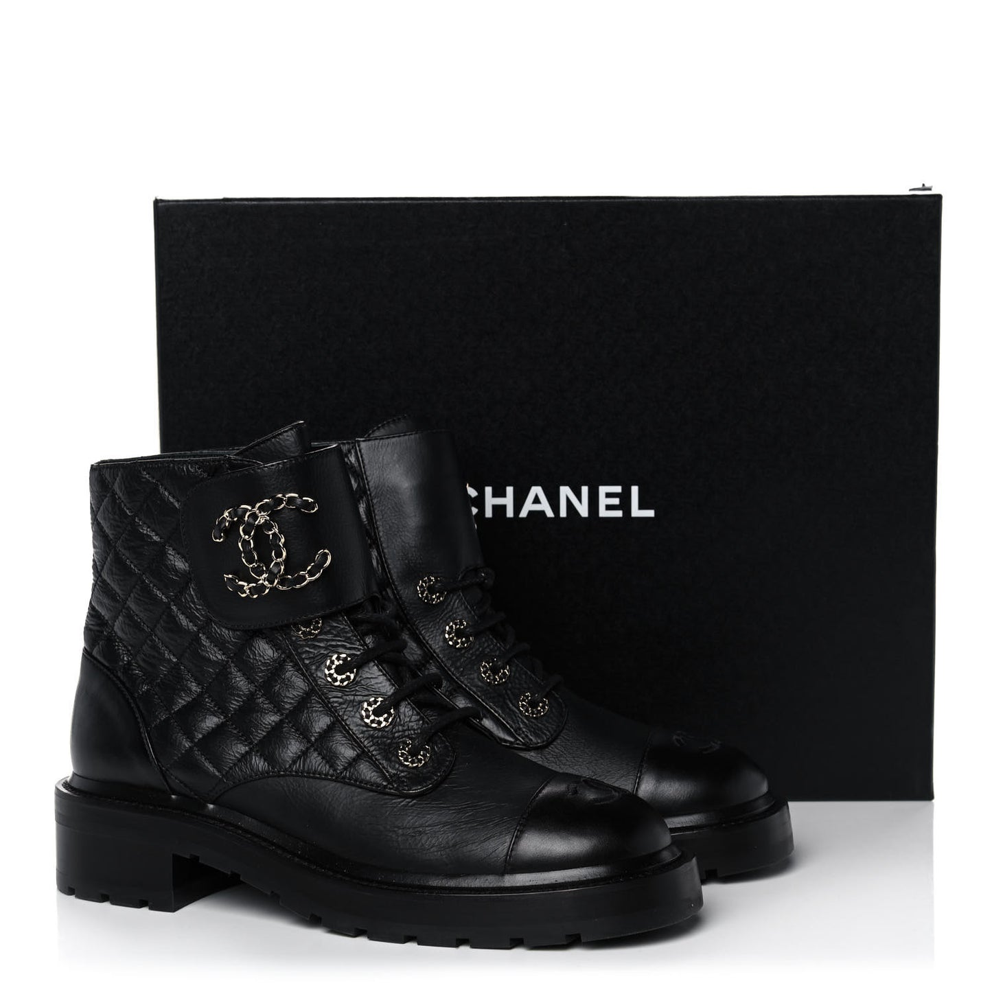 Shiny Goatskin Calfskin Quilted Lace Up Combat Boots 40 Black