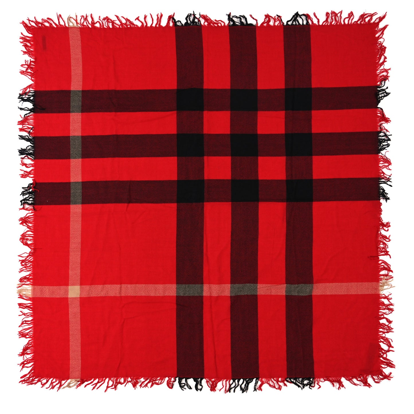Wool Giant Check Fringe Scarf Military Red