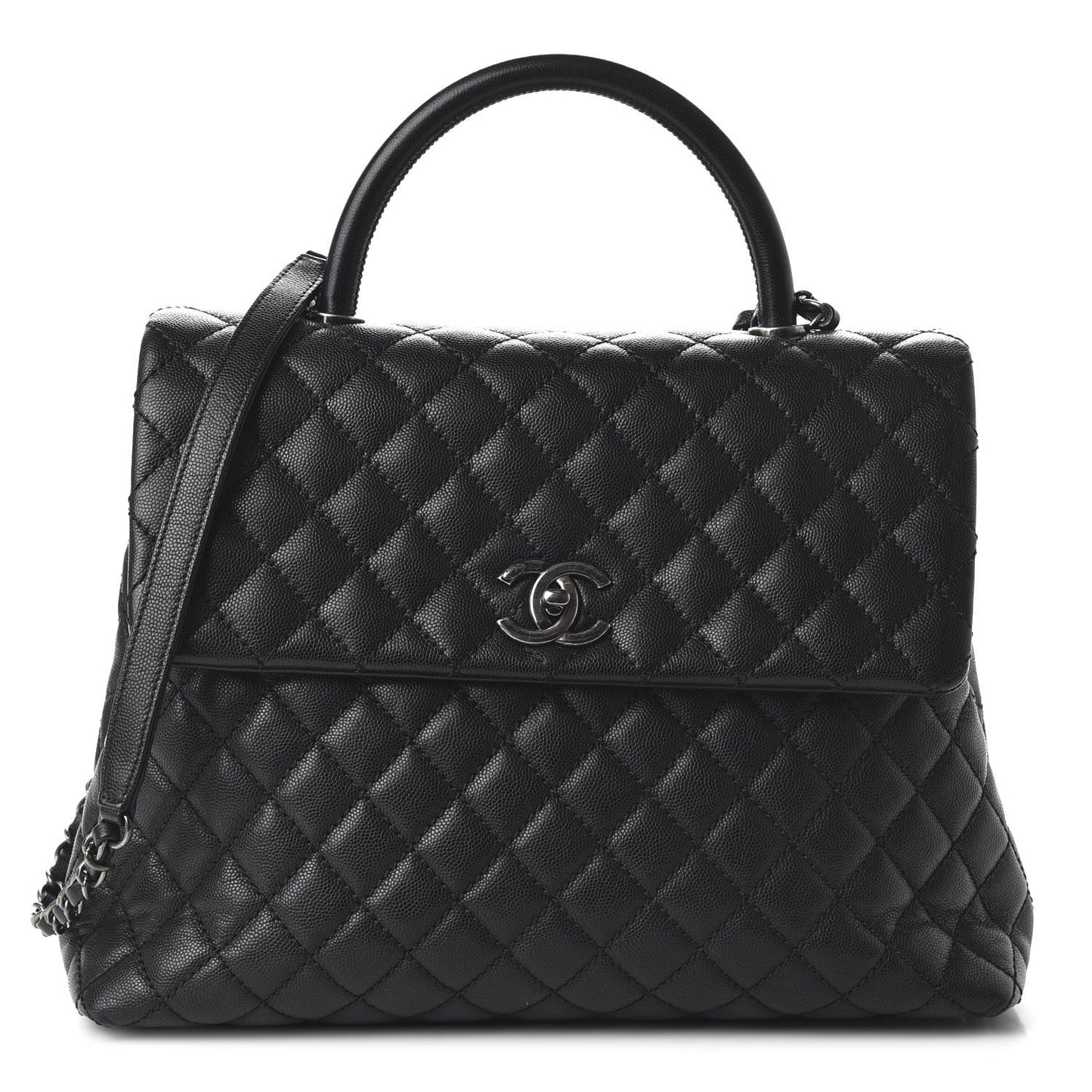 Caviar Quilted Large Coco Handle Flap Black
