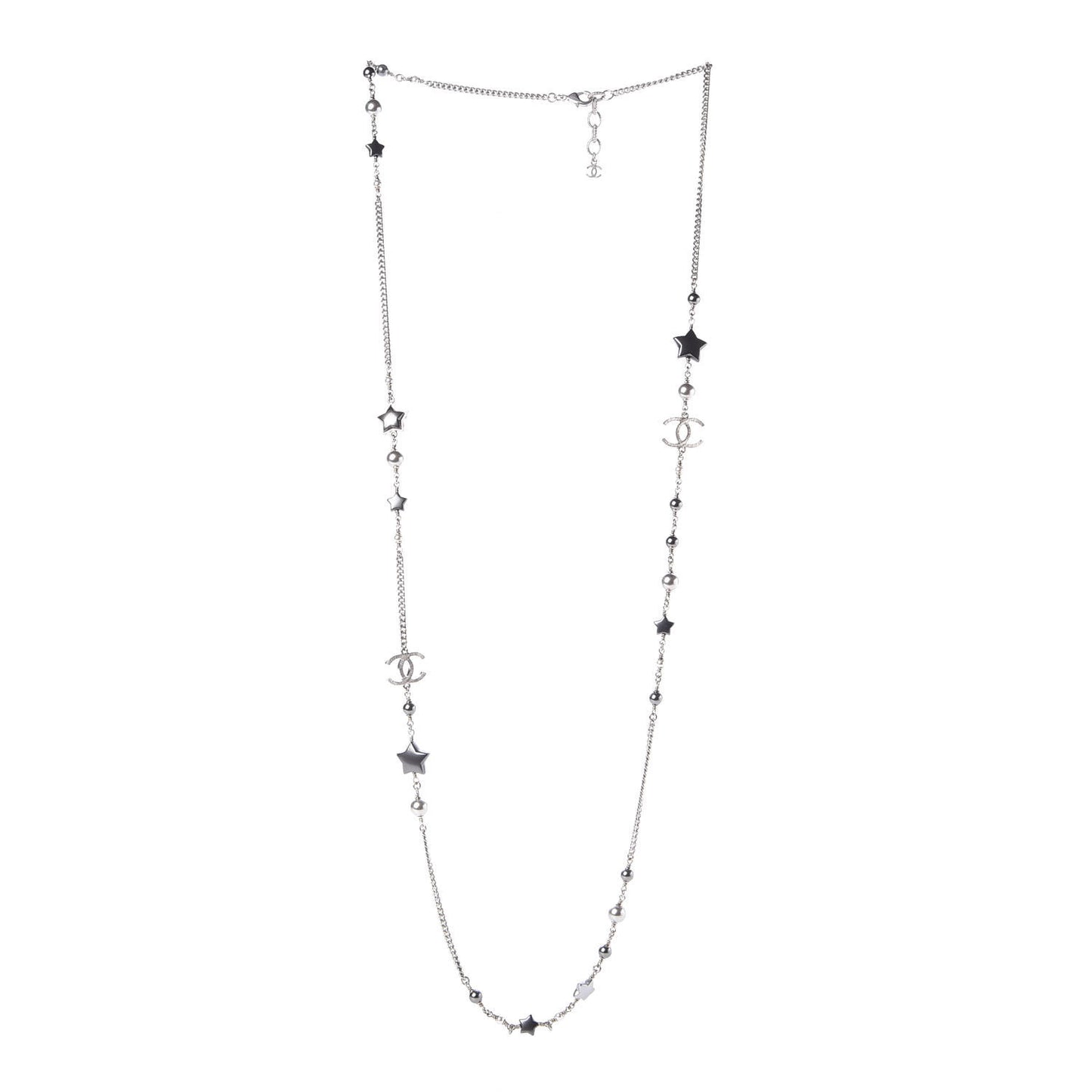 Resin Pearl Star CC Necklace Grey Silver