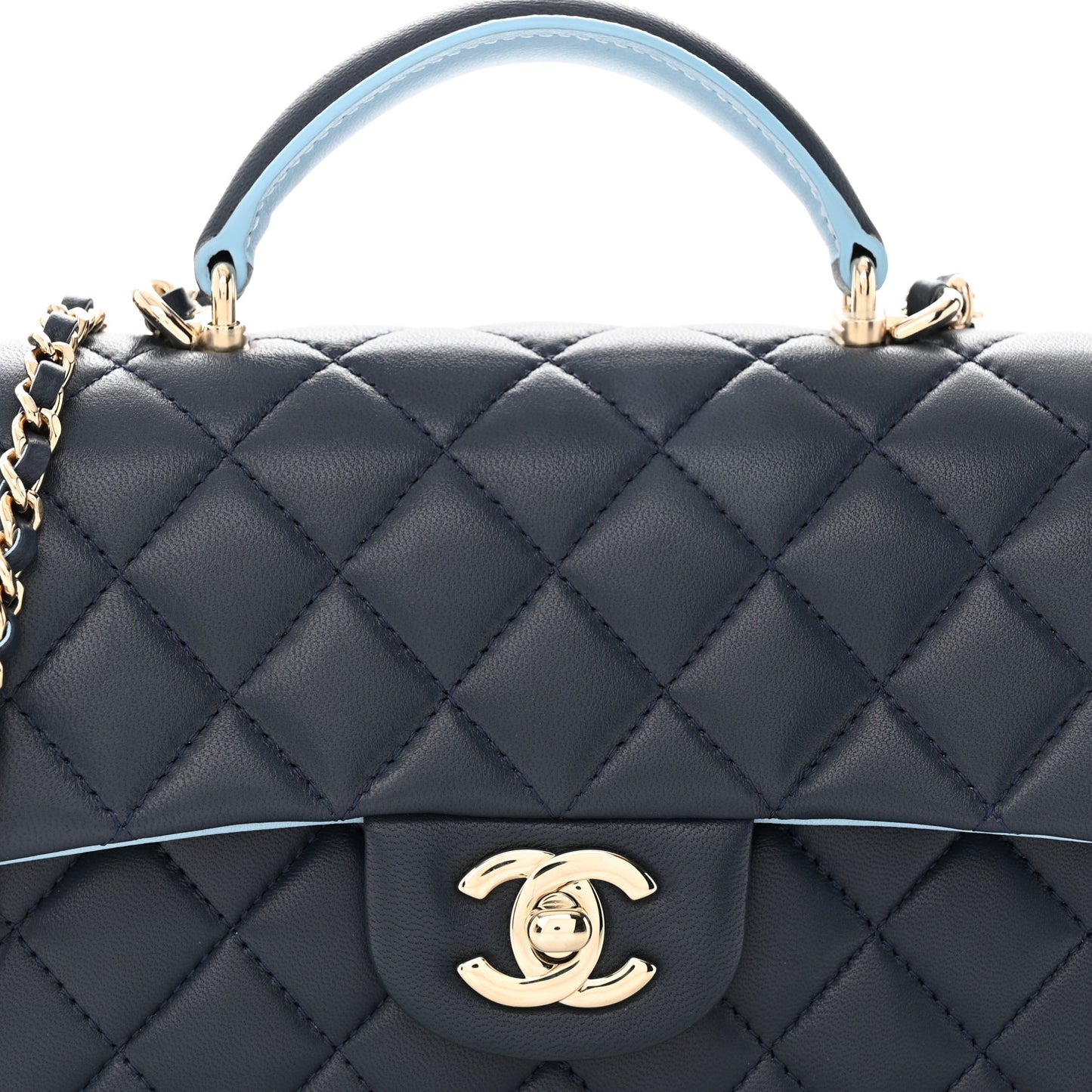 Lambskin Quilted Bi-Color Mini Top Handle Rectangular Flap Navy Blue Light Blue