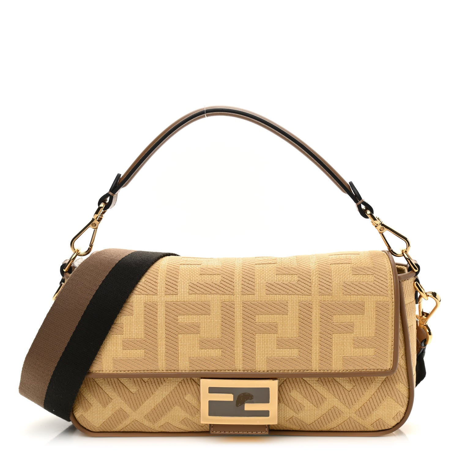Fendi Raffia Vitello King Lucido FF Embroidered Baguette Grano Sand 1 of 8
