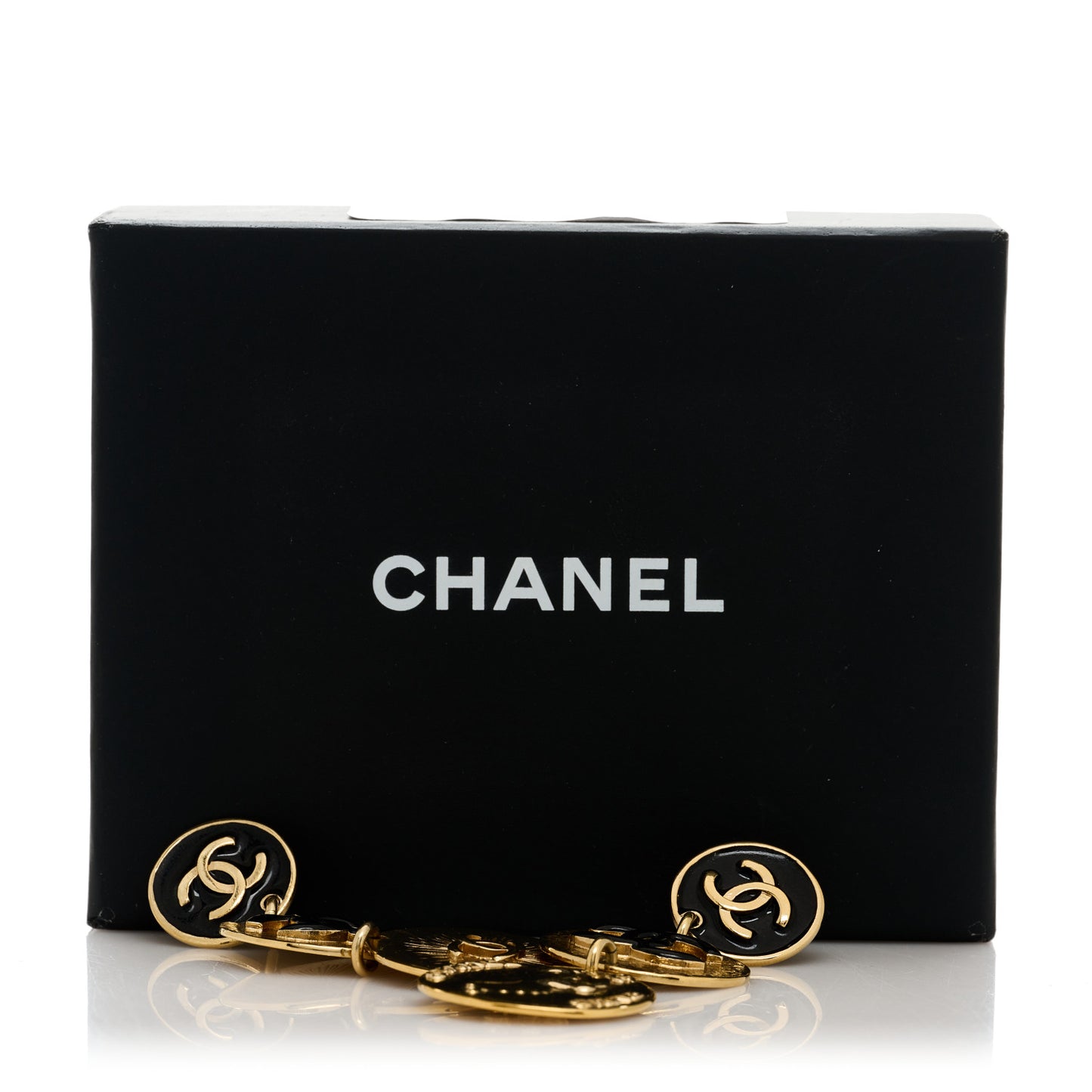 Enamel CC Disc Drop Medallion Earrings Gold Black